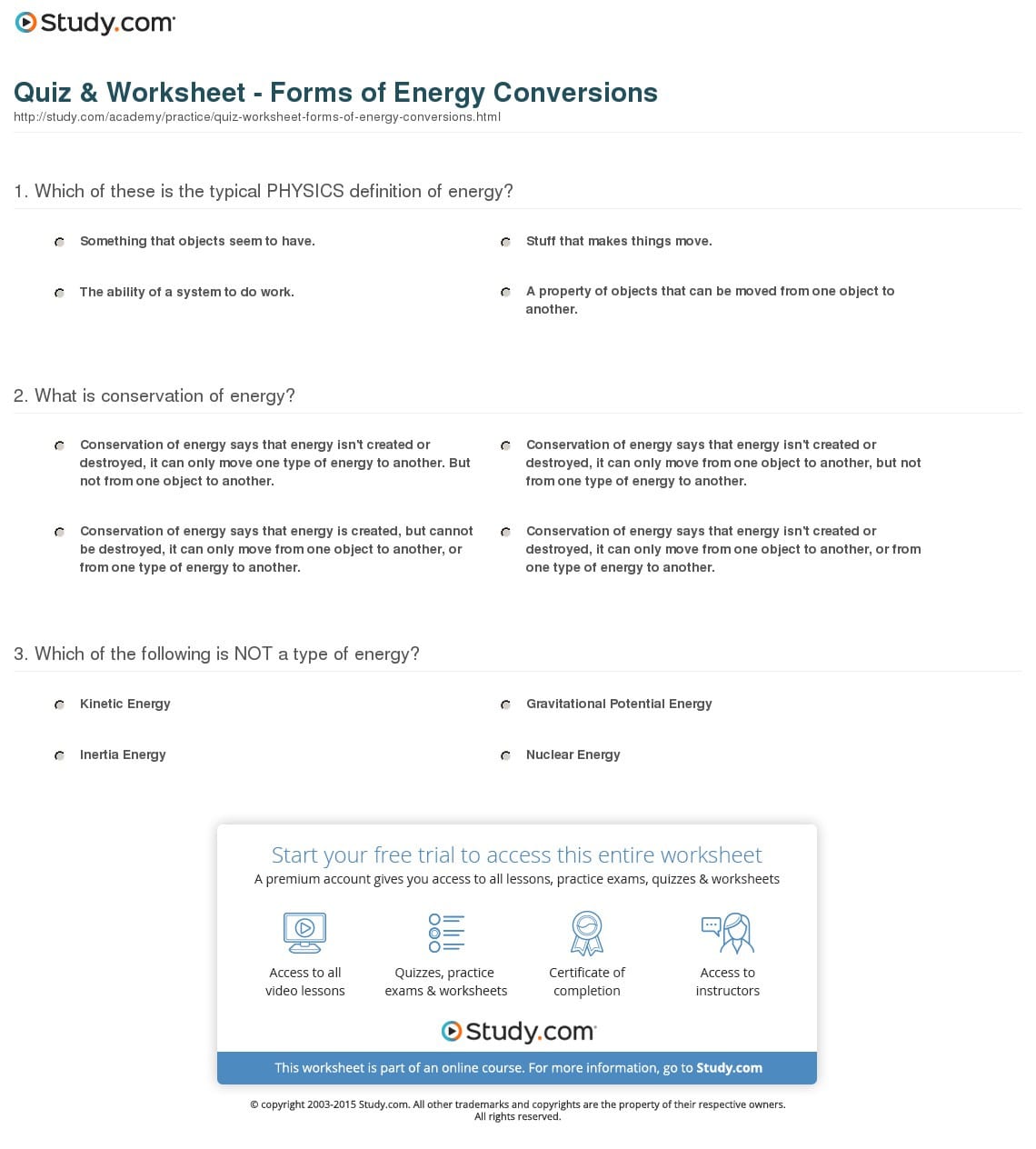 Quiz  Worksheet  Forms Of Energy Conversions  Study