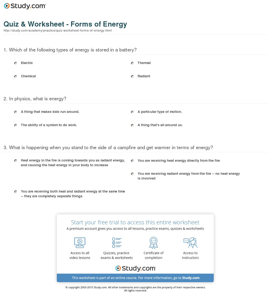 Quiz  Worksheet  Forms Of Energy  Study