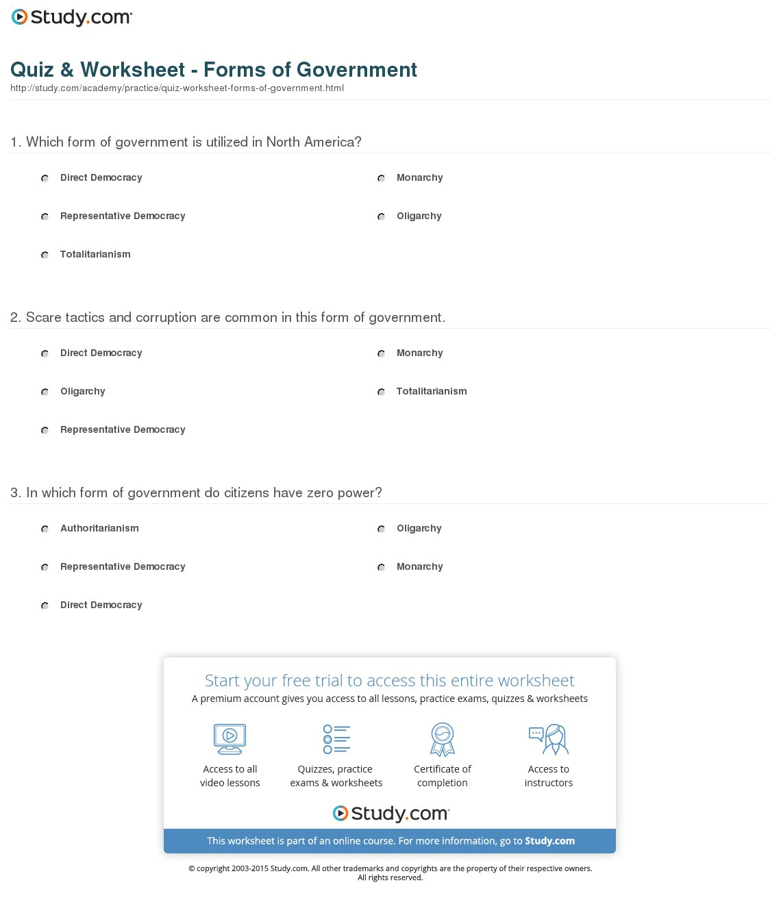 Quiz  Worksheet  Forms Of Ernment  Study