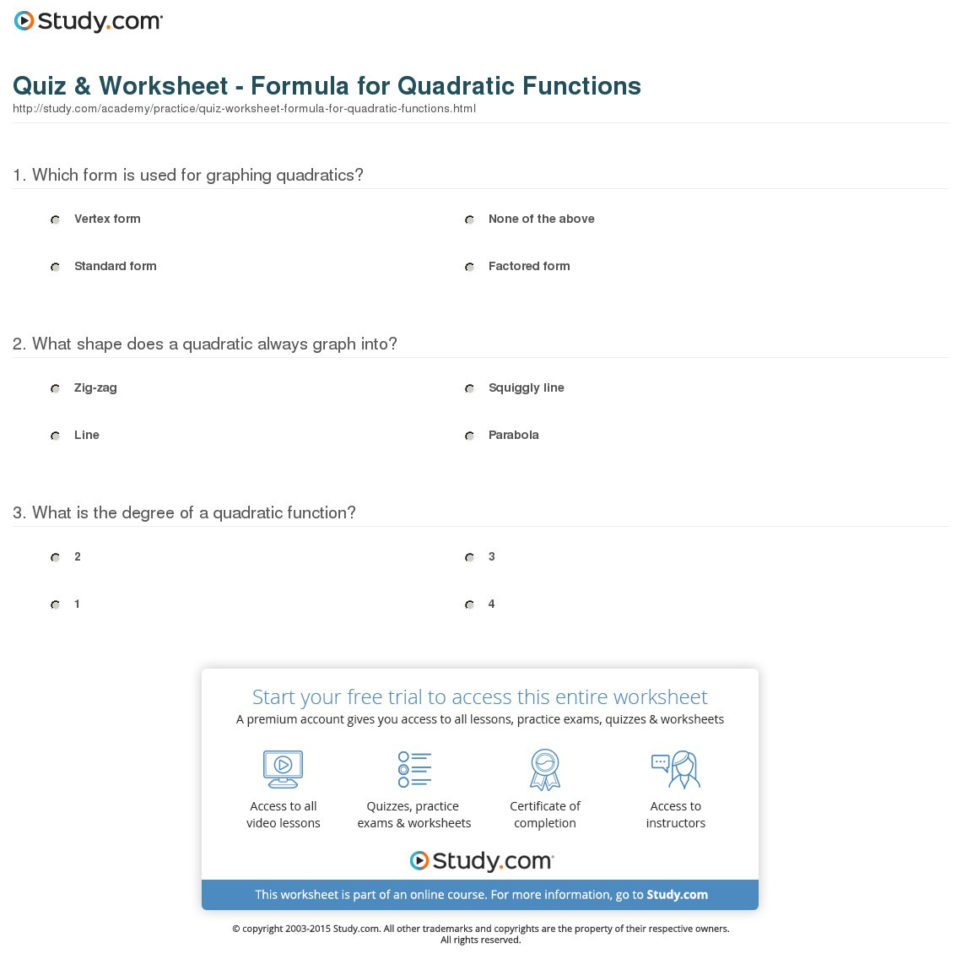 Quiz  Worksheet  Formula For Quadratic Functions  Study