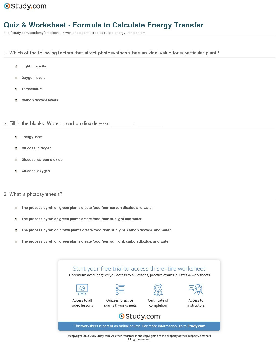 Quiz  Worksheet  Formula To Calculate Energy Transfer