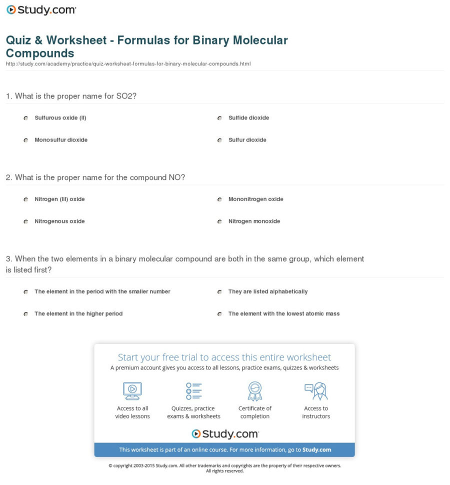 Quiz  Worksheet  Formulas For Binary Molecular Compounds