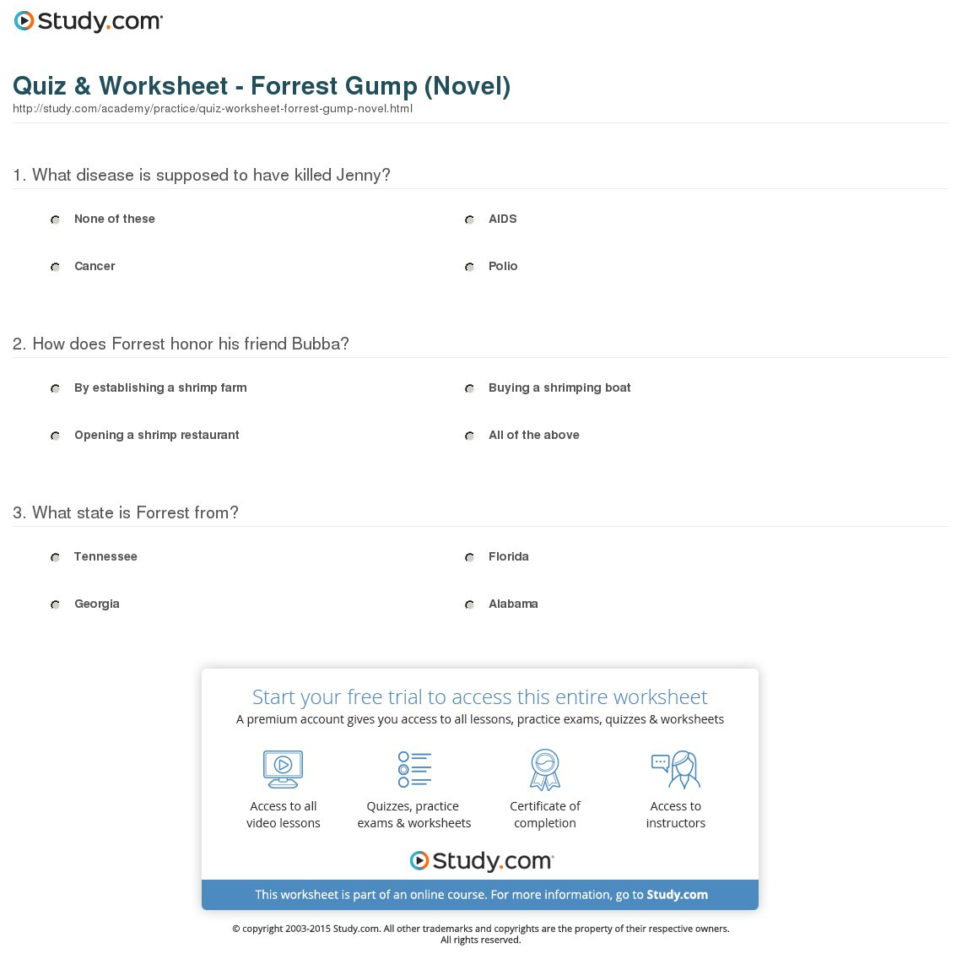 Quiz  Worksheet  Forrest Gump Novel  Study