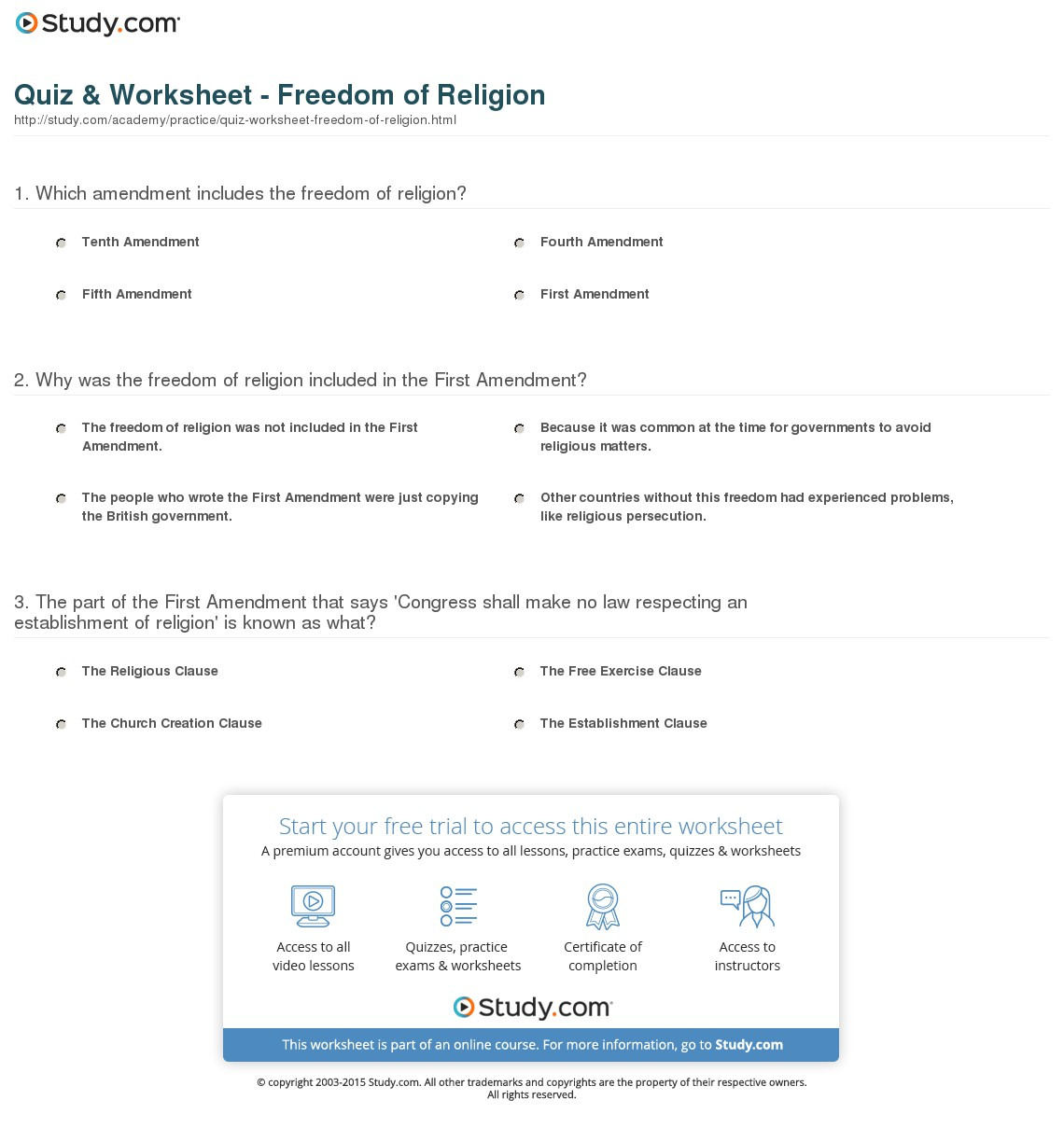 Quiz  Worksheet  Freedom Of Religion  Study