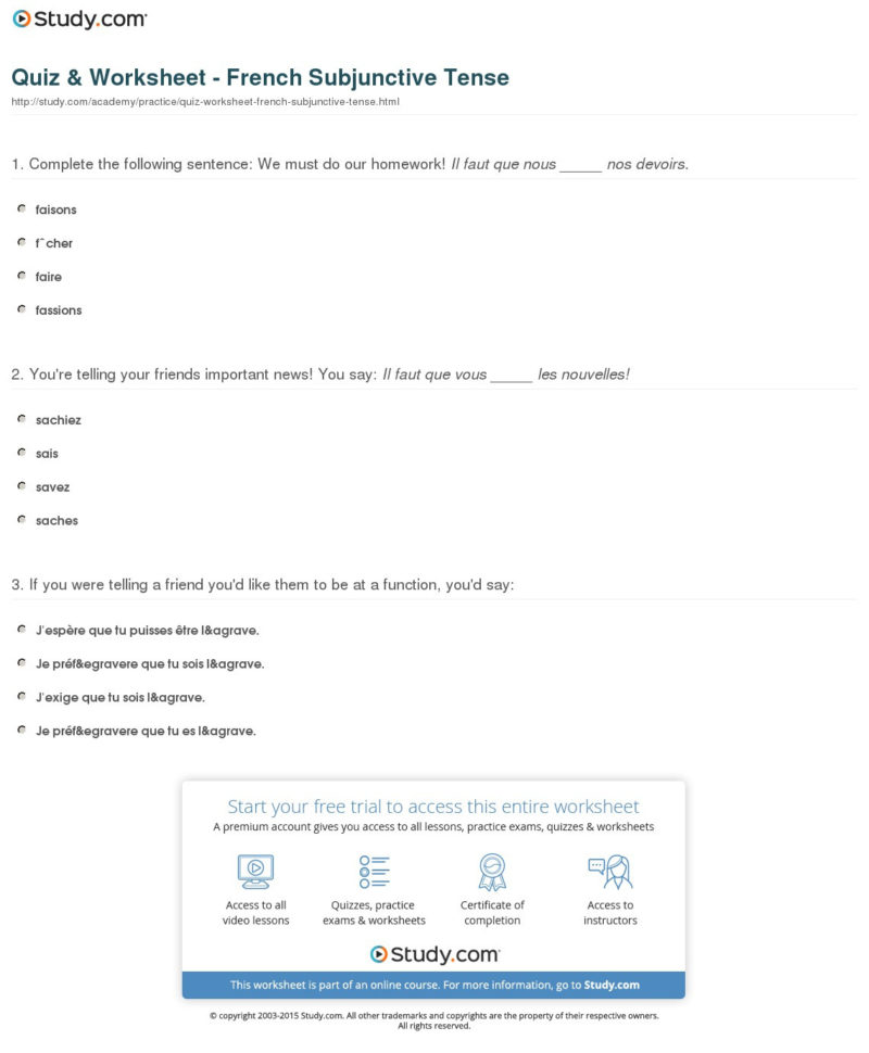 Quiz  Worksheet  French Subjunctive Tense  Study