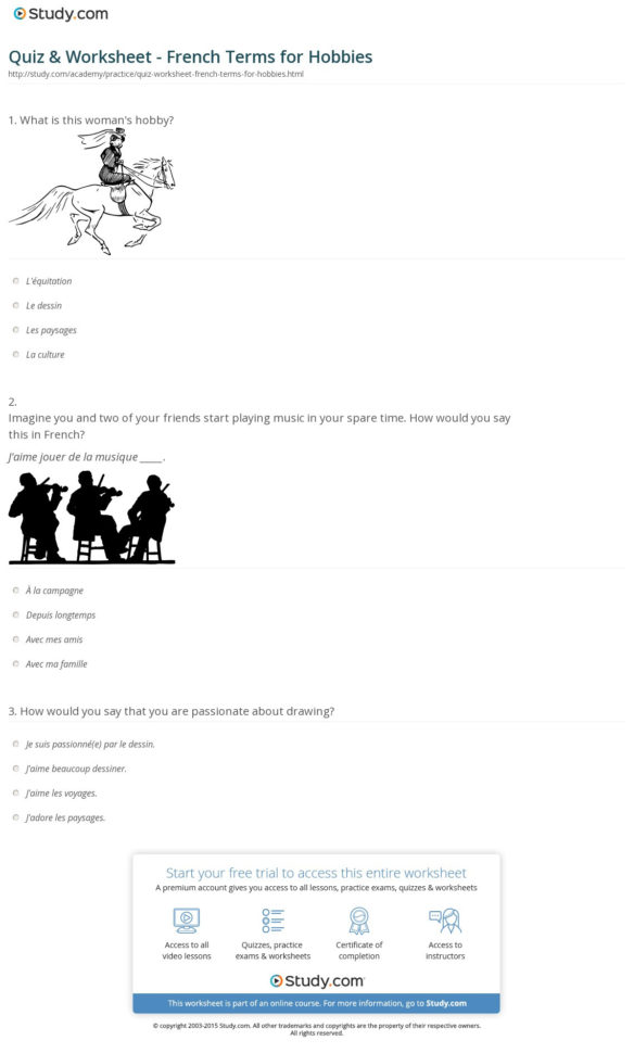 Quiz  Worksheet  French Terms For Hobbies  Study