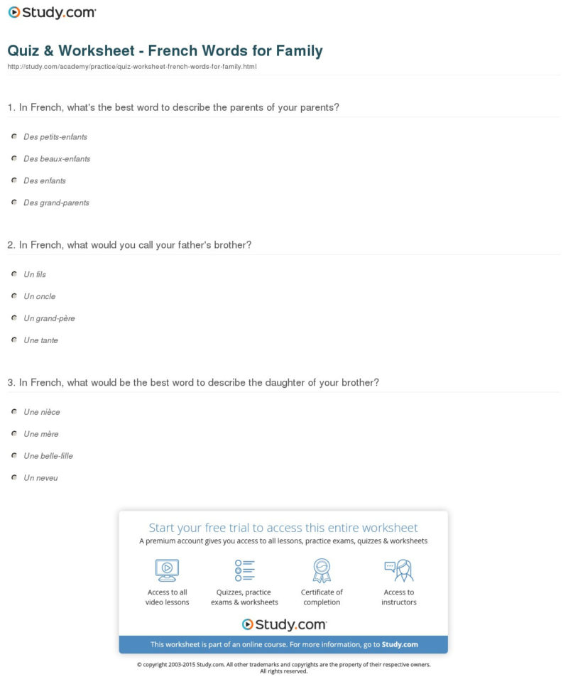 Quiz  Worksheet  French Words For Family  Study