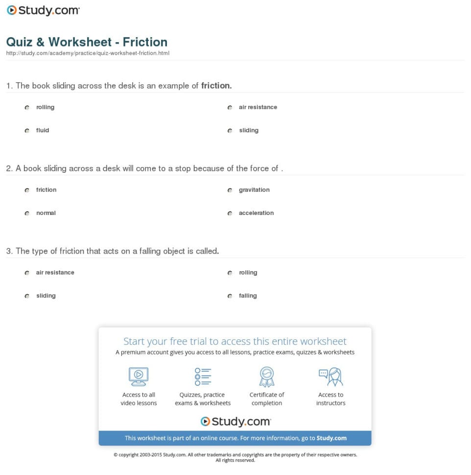 Quiz  Worksheet  Friction  Study