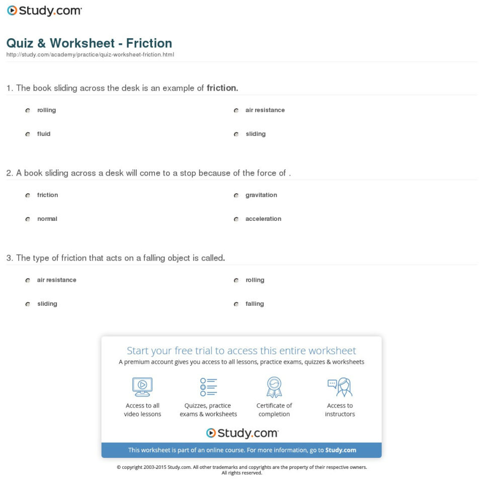 Quiz  Worksheet  Friction  Study