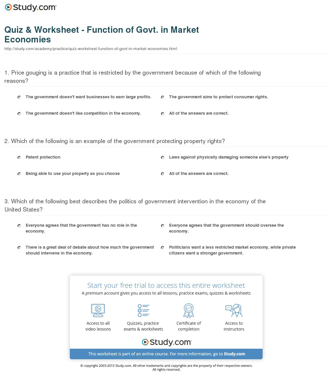 Quiz  Worksheet  Function Of T In Market Economies
