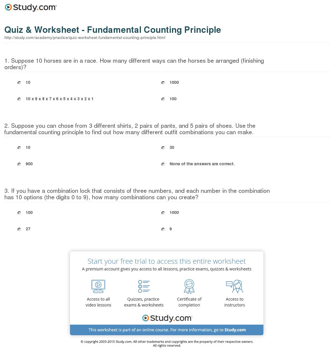 Quiz  Worksheet  Fundamental Counting Principle  Study