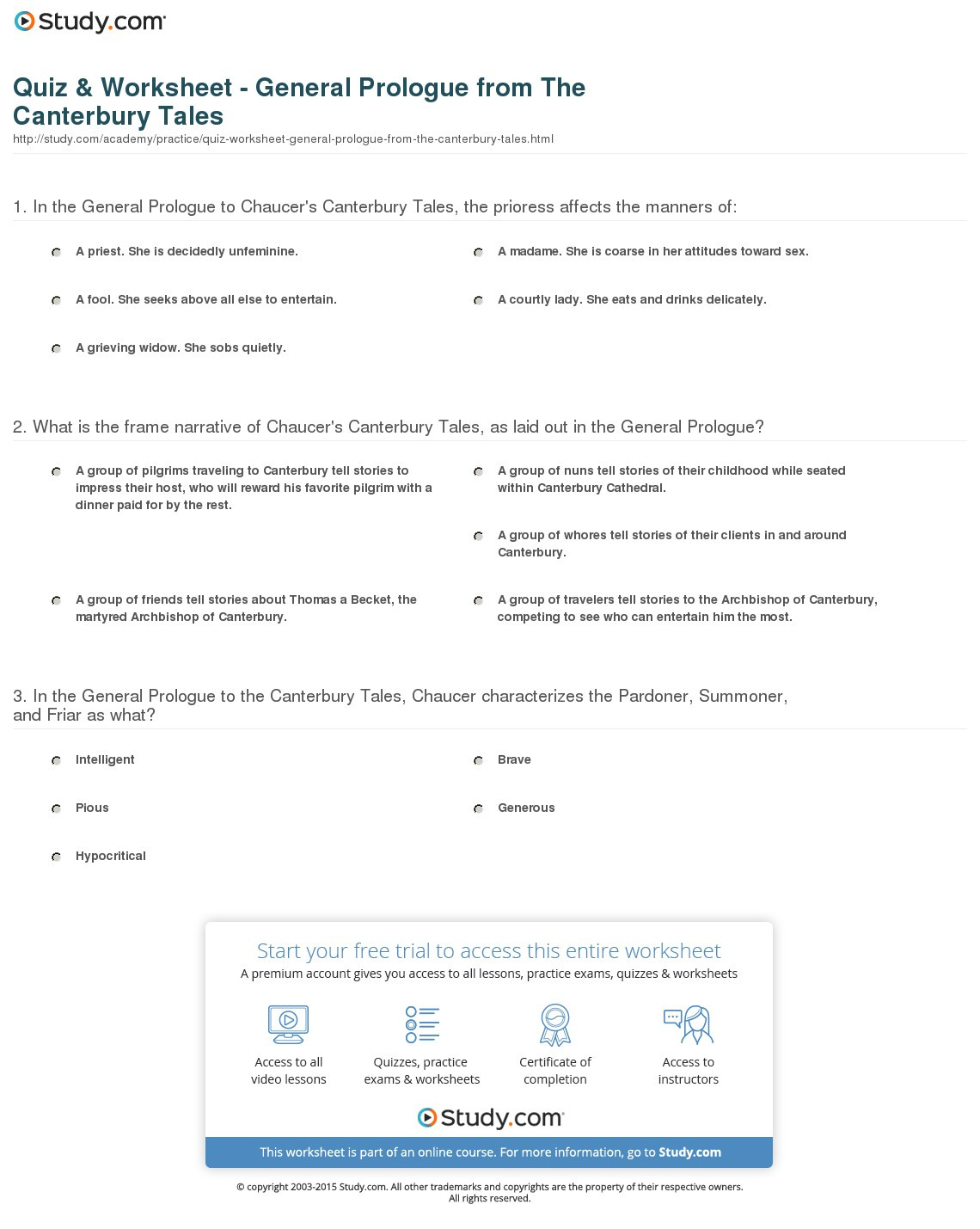 Quiz  Worksheet  General Prologue From The Canterbury