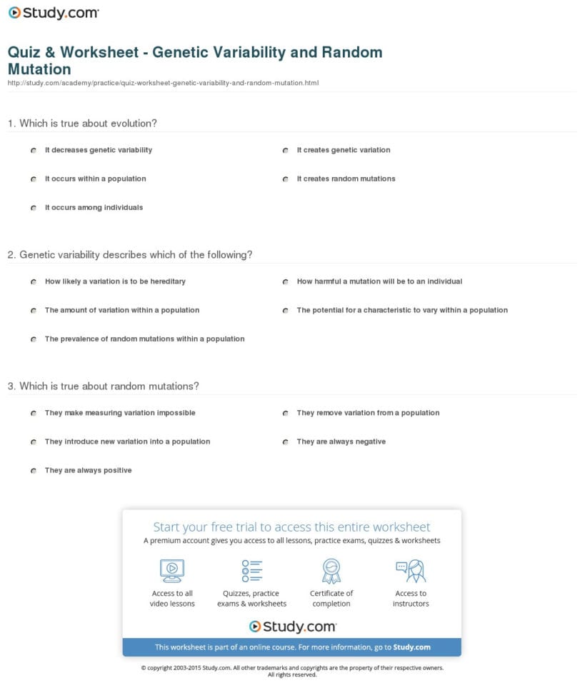 Quiz  Worksheet  Genetic Variability And Random Mutation