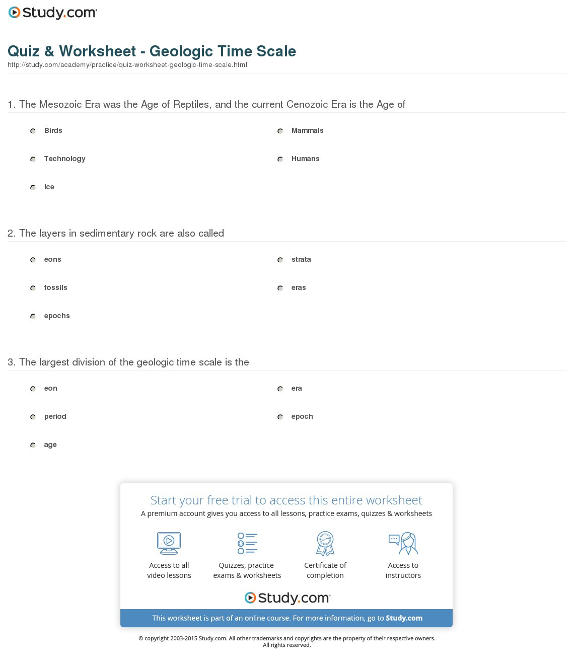 Quiz  Worksheet  Geologic Time Scale  Study