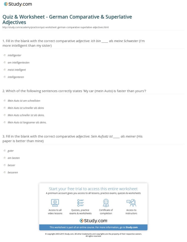 Quiz  Worksheet  German Comparative  Superlative