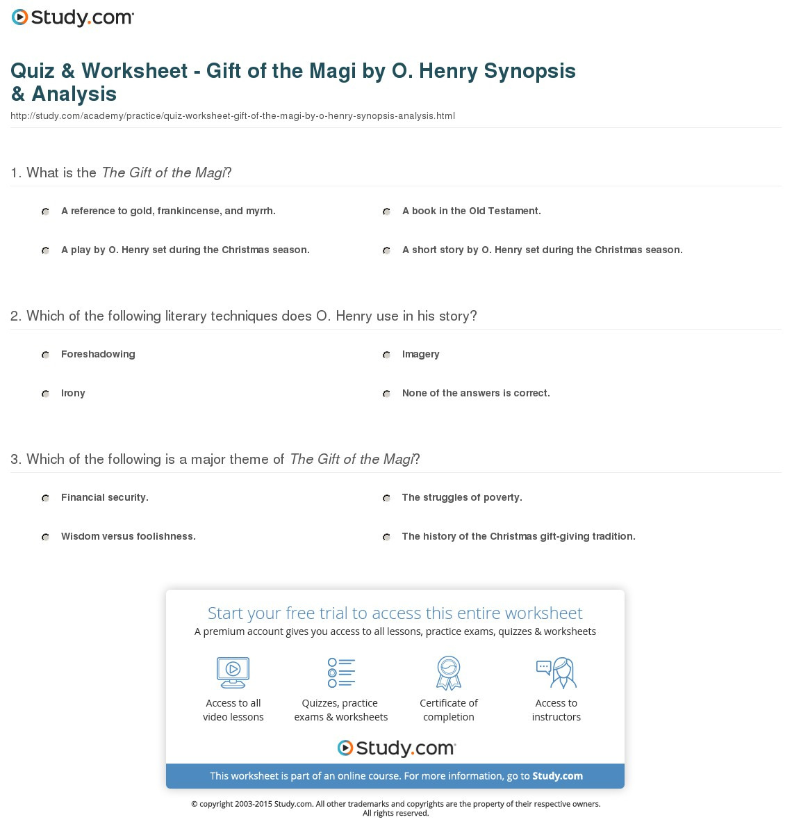 Quiz  Worksheet  Gift Of The Magio Henry Synopsis