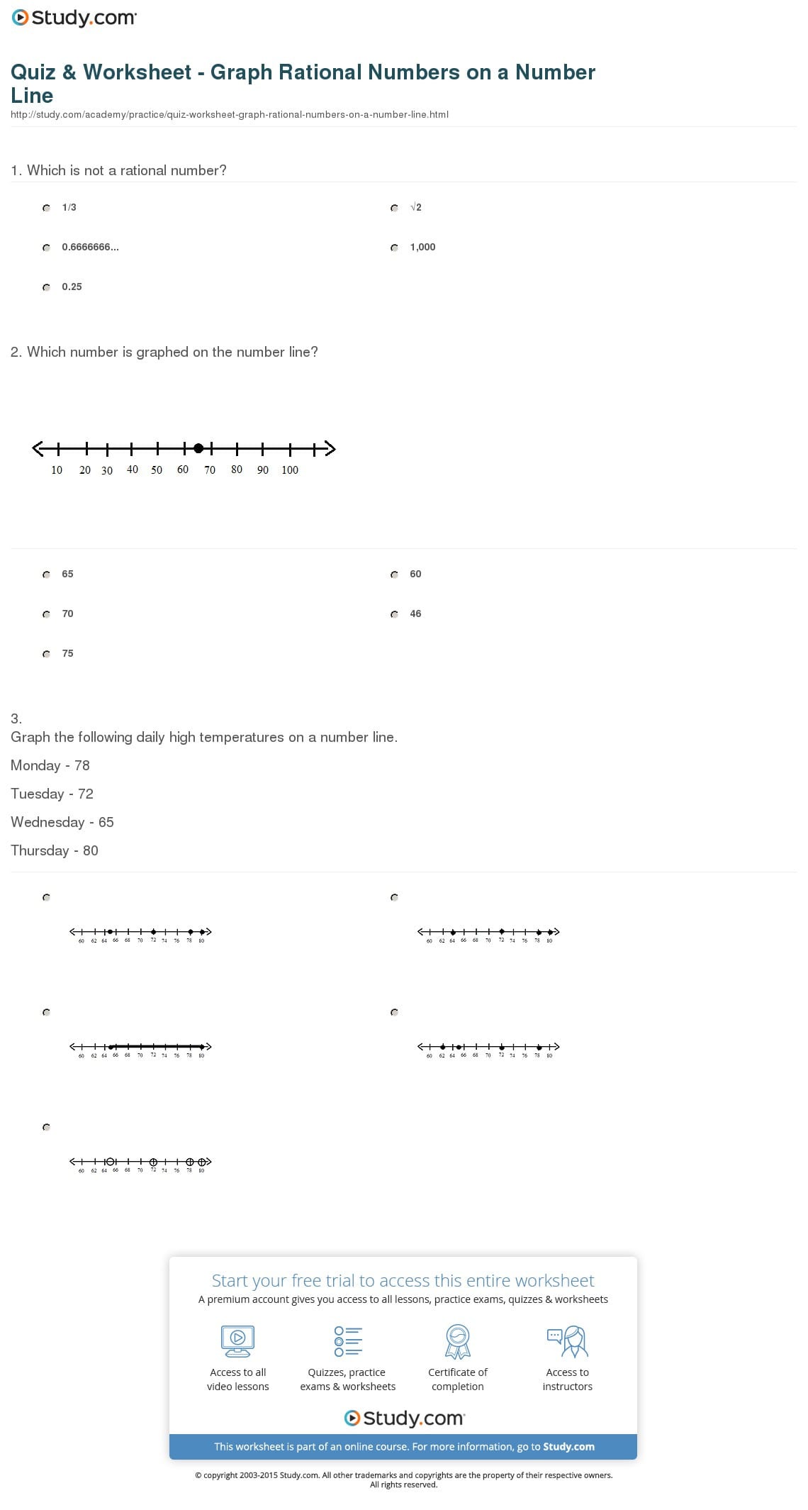 Quiz  Worksheet  Graph Rational Numbers On A Number Line