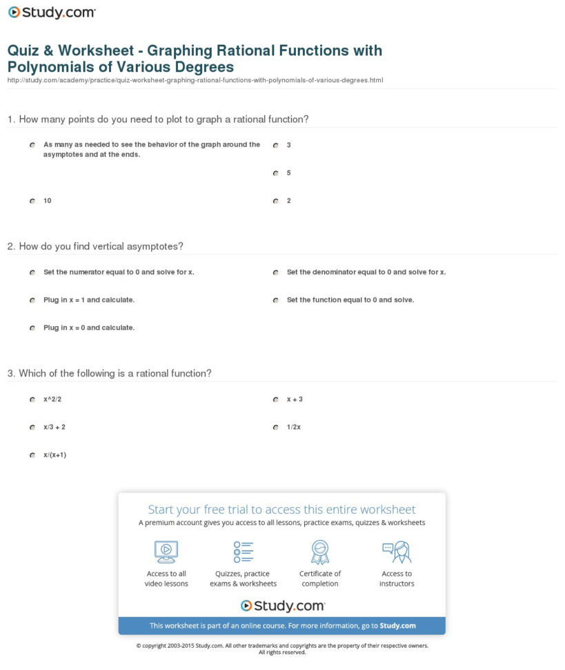 Quiz  Worksheet  Graphing Rational Functions With Quiz  Worksheet  Graphing Rational Functions With