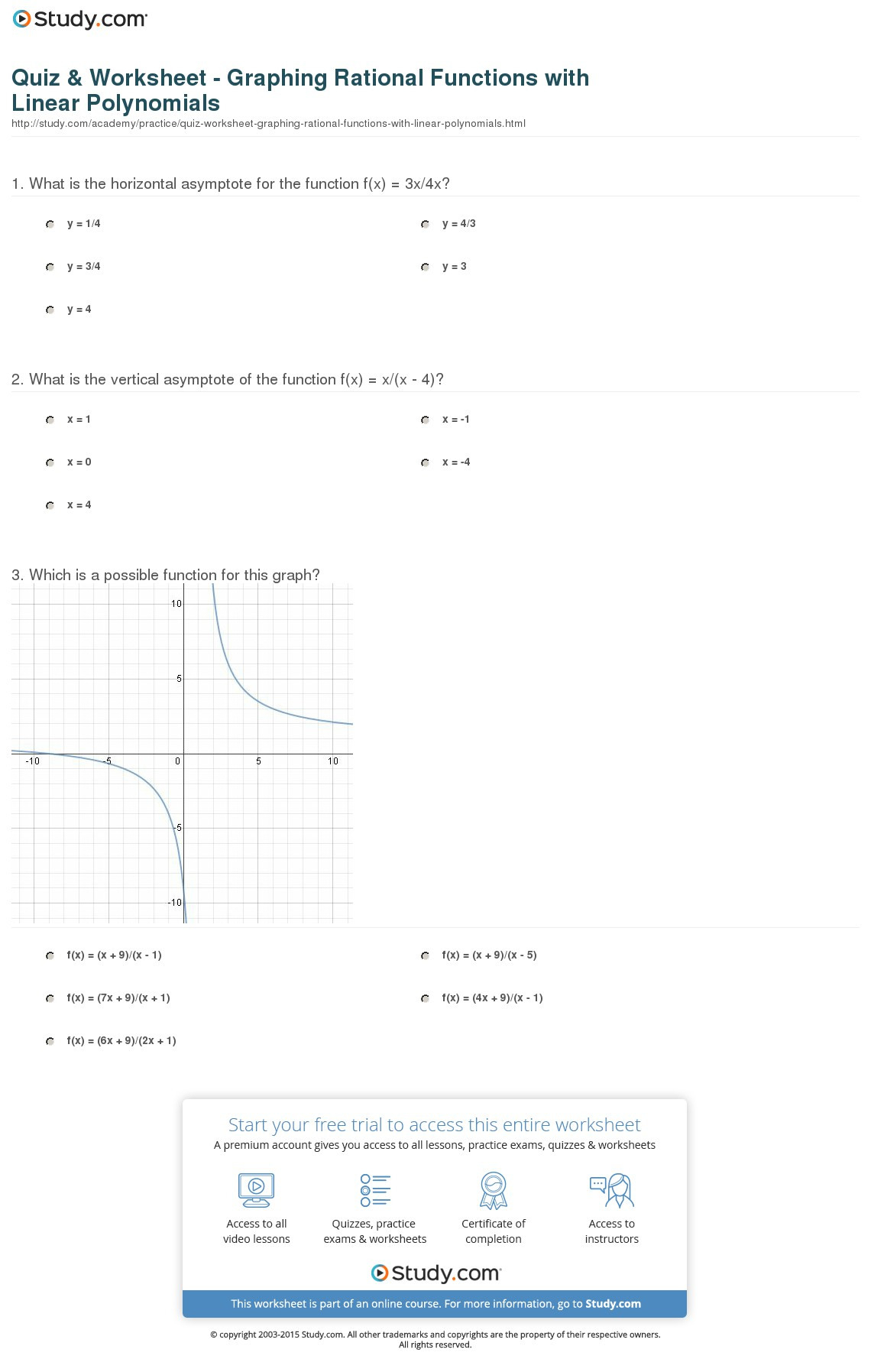Quiz  Worksheet  Graphing Rational Functions With Linear