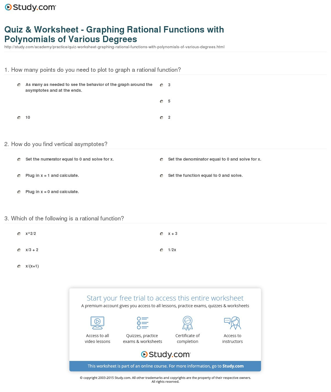 Quiz  Worksheet  Graphing Rational Functions With