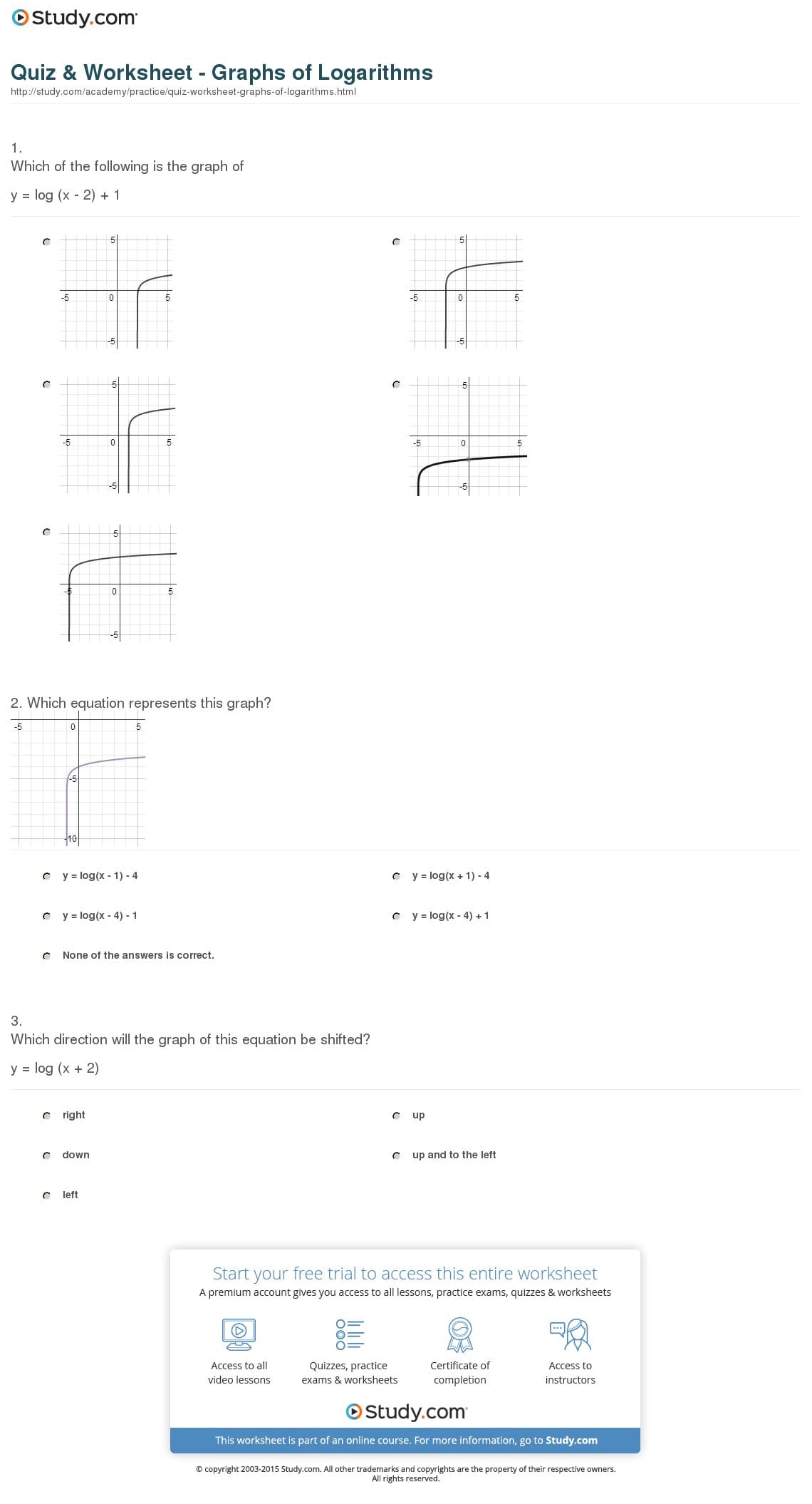 Quiz  Worksheet  Graphs Of Logarithms  Study