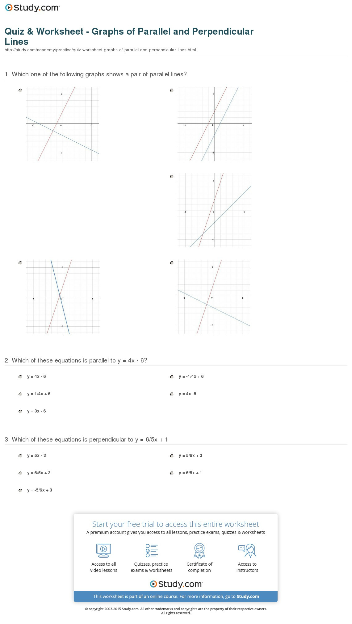 Quiz  Worksheet  Graphs Of Parallel And Perpendicular