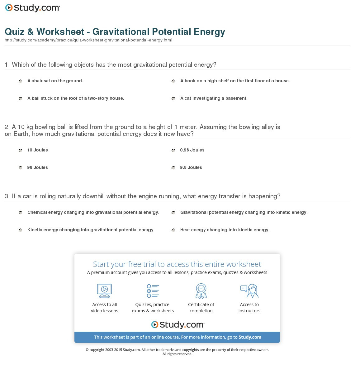 Quiz  Worksheet  Gravitational Potential Energy  Study