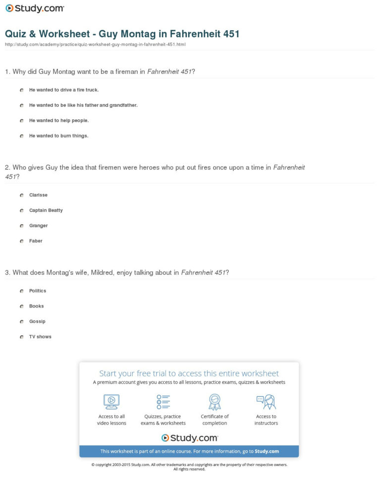 Quiz  Worksheet  Guy Montag In Fahrenheit 451  Study