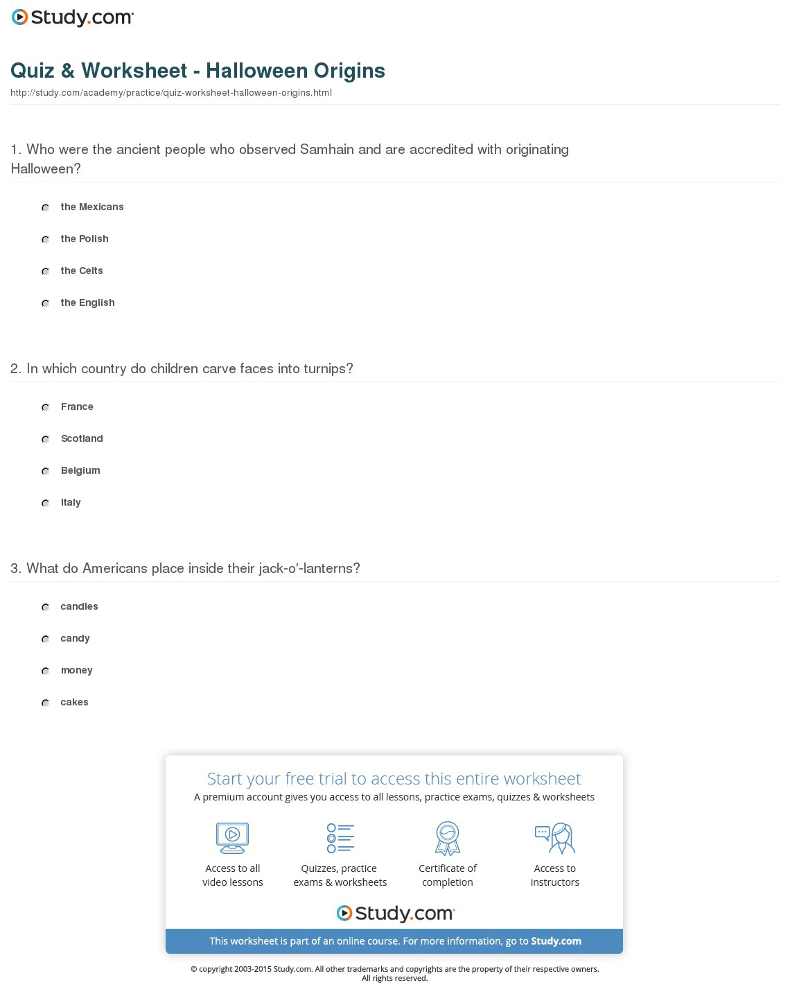 Quiz  Worksheet  Halloween Origins  Study