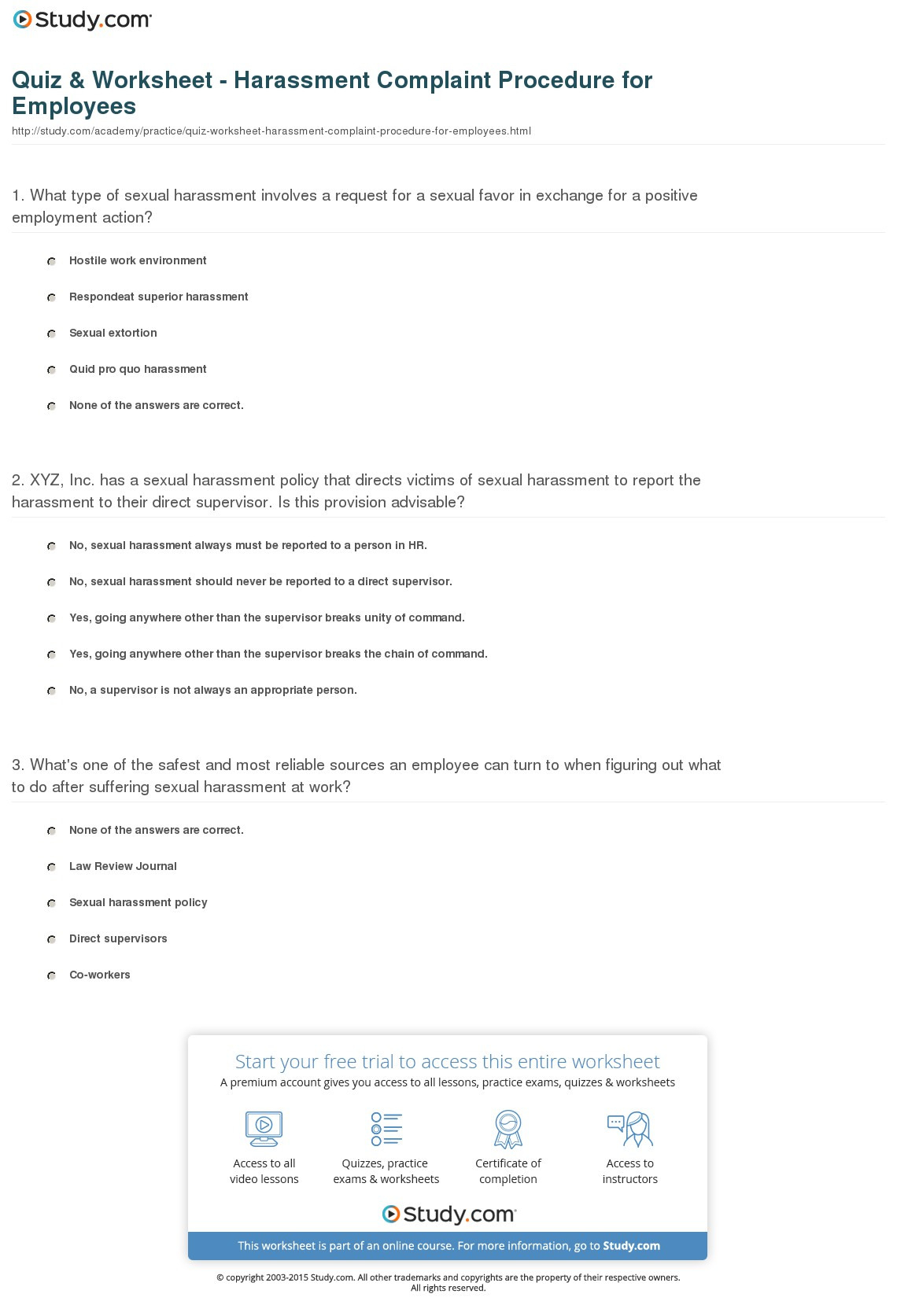 Quiz  Worksheet  Harassment Complaint Procedure For