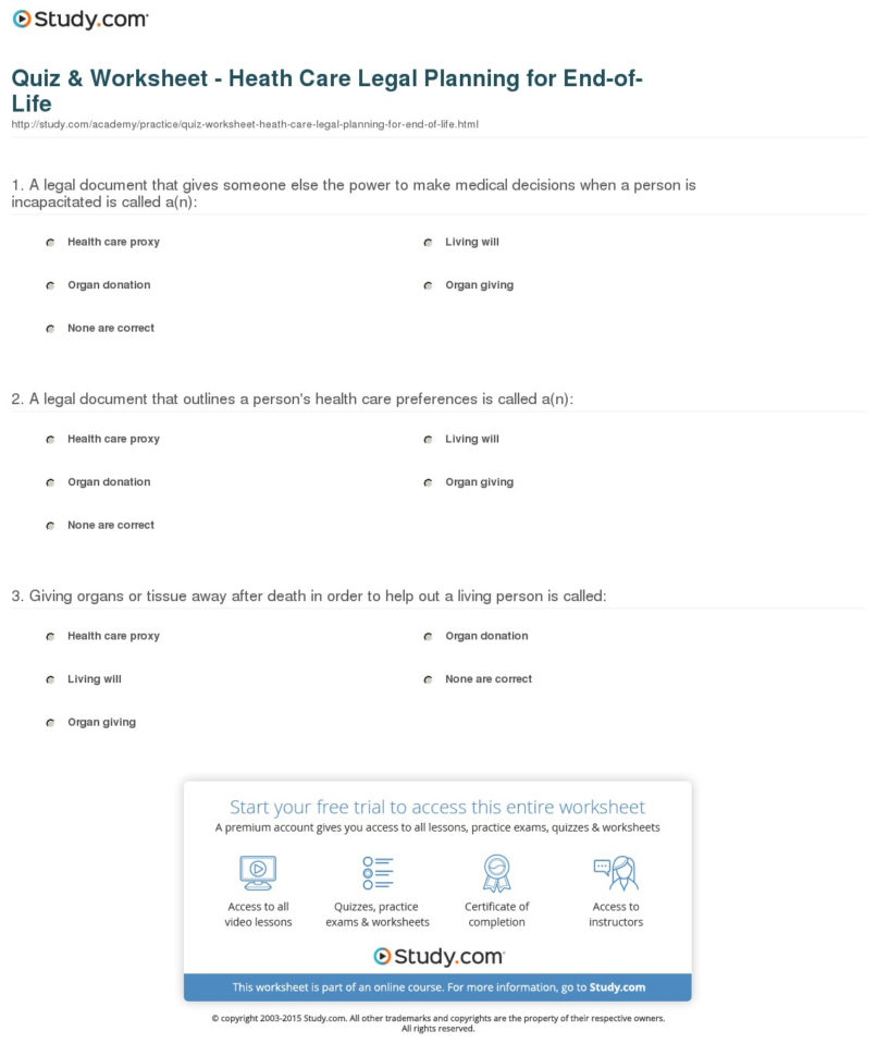 Quiz  Worksheet  Health Care Legal Planning For Endoflife