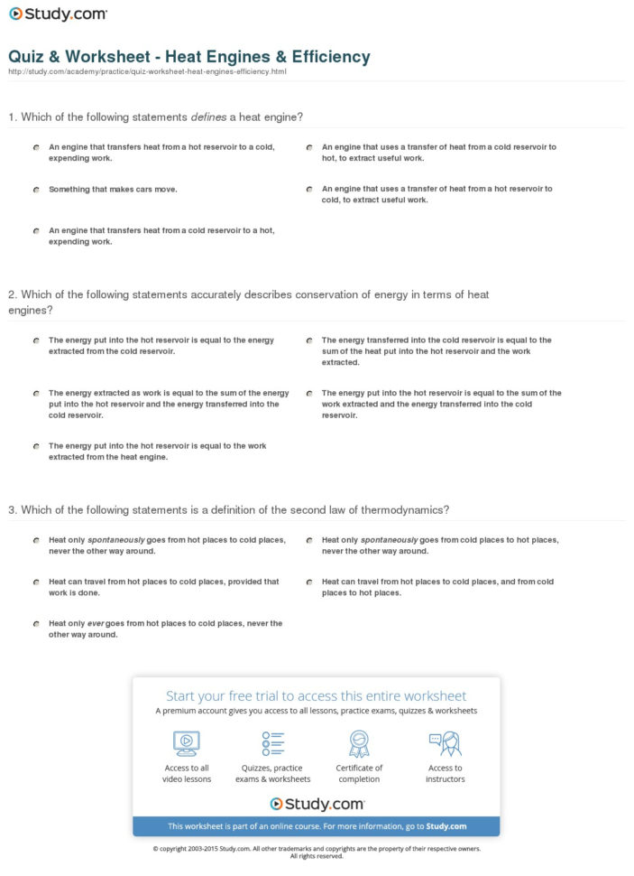 Quiz  Worksheet  Heat Engines  Efficiency  Study