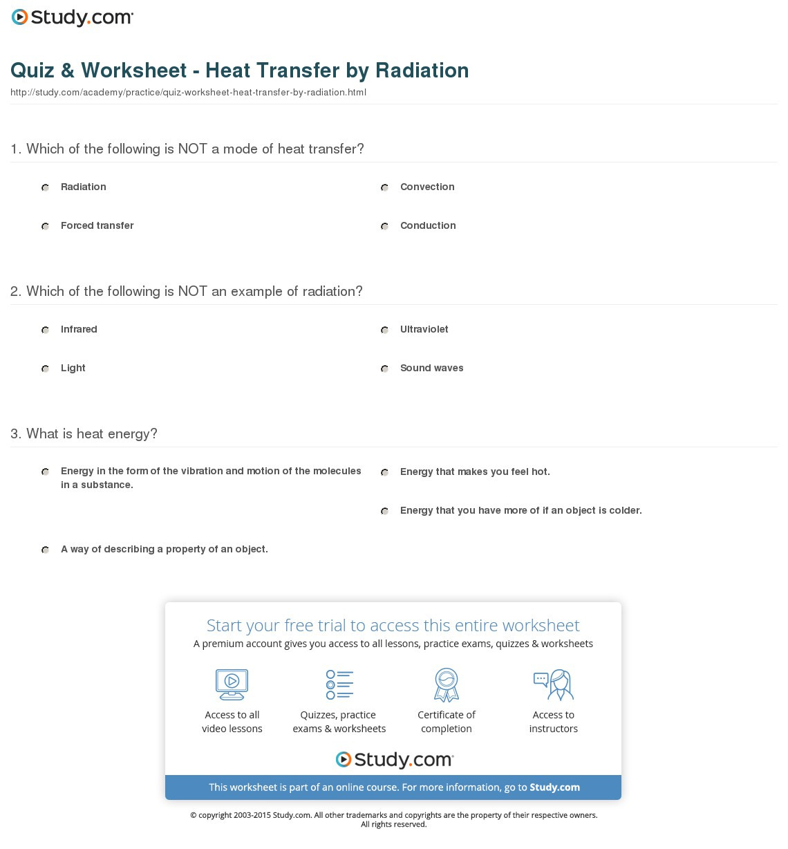 Quiz  Worksheet  Heat Transferradiation  Study