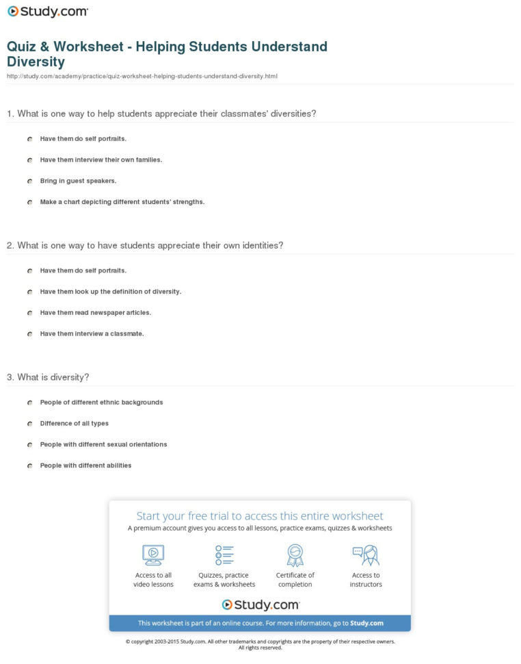 Quiz  Worksheet  Helping Students Understand Diversity