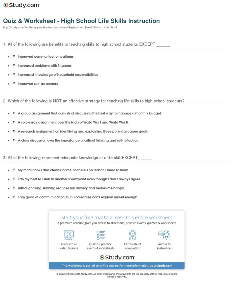 Quiz  Worksheet  High School Life Skills Instruction