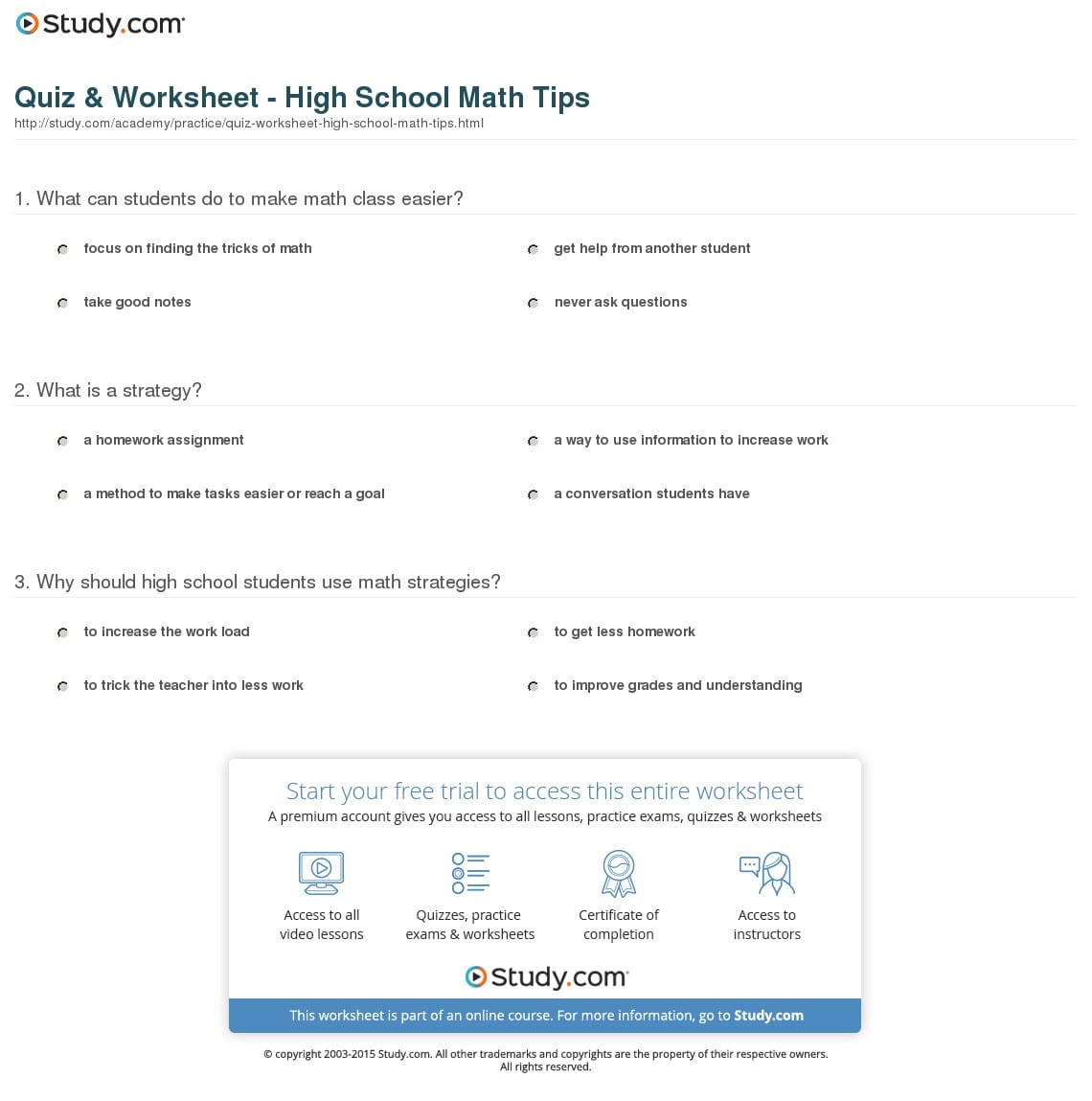 Quiz  Worksheet  High School Math Tips  Study