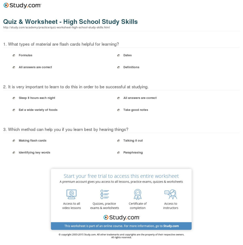 Quiz  Worksheet  High School Study Skills  Study