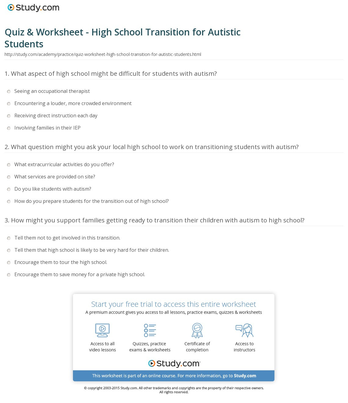 Quiz  Worksheet  High School Transition For Autistic