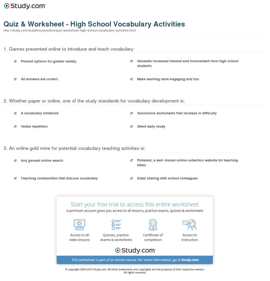 Quiz  Worksheet  High School Vocabulary Activities  Study