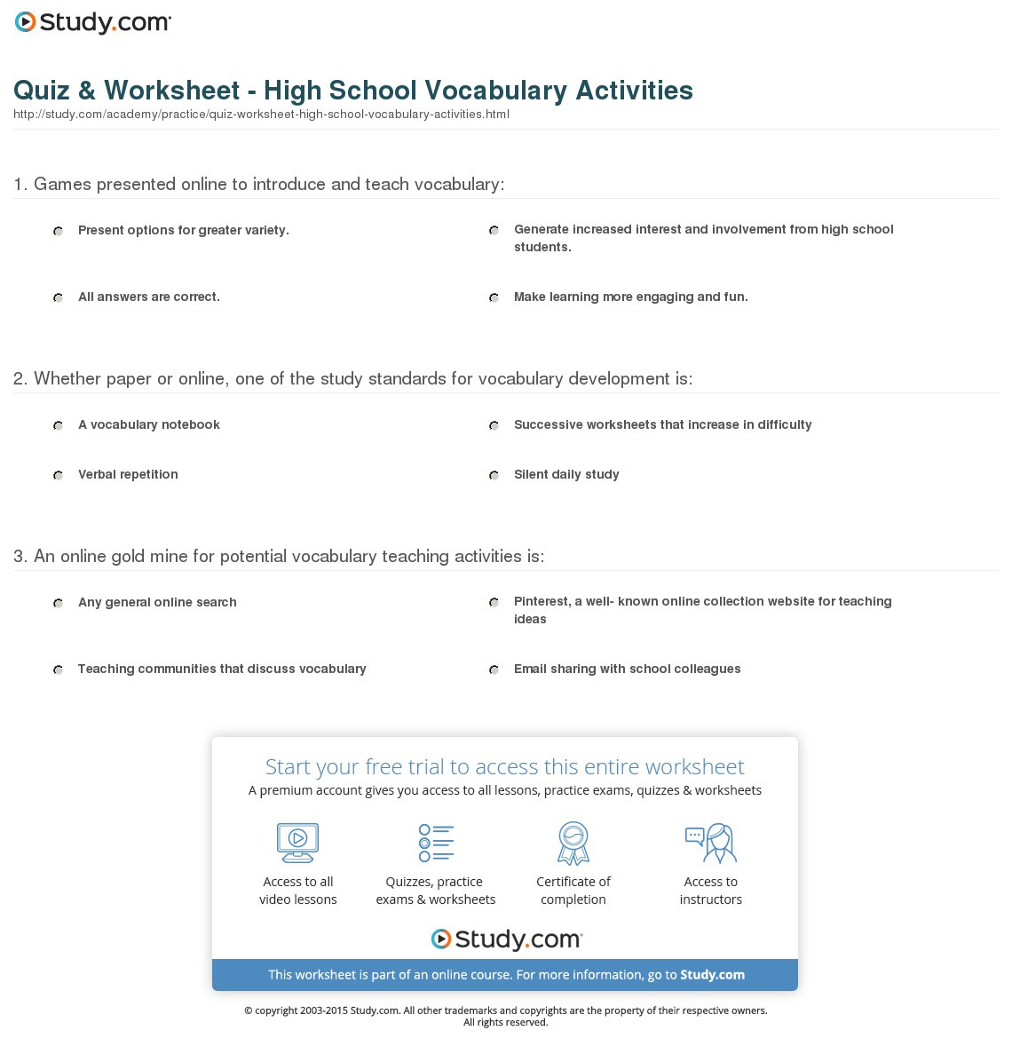 Quiz  Worksheet  High School Vocabulary Activities  Study