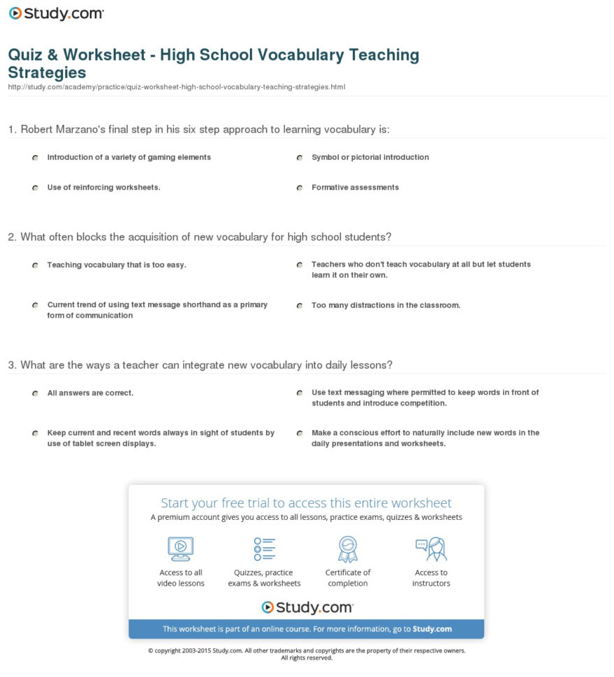 Quiz  Worksheet  High School Vocabulary Teaching Strategies