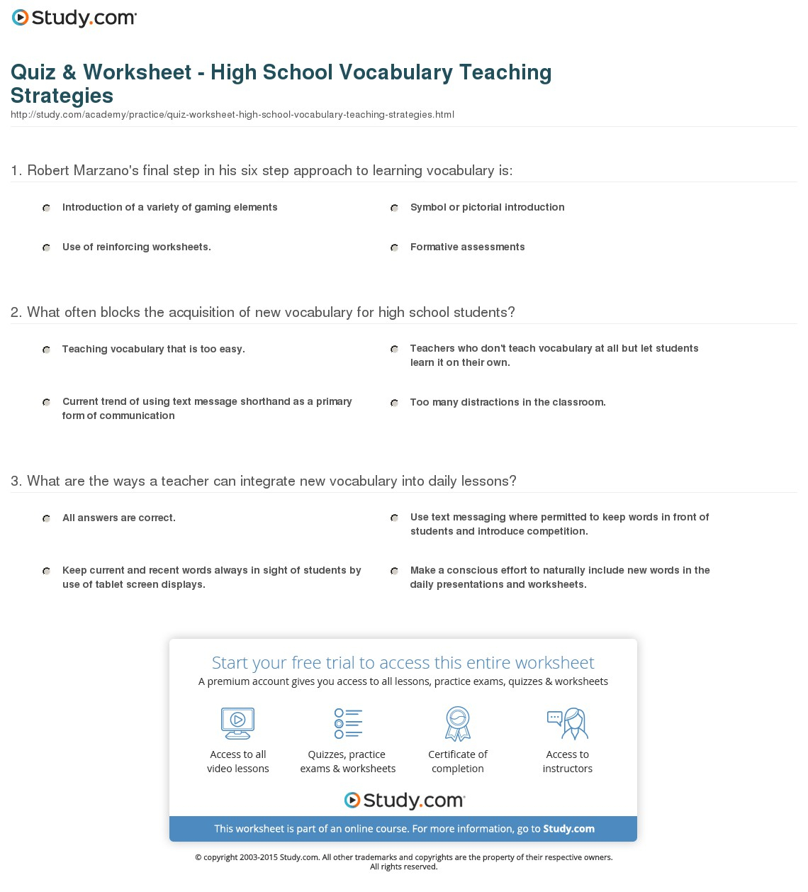 Quiz  Worksheet  High School Vocabulary Teaching Strategies