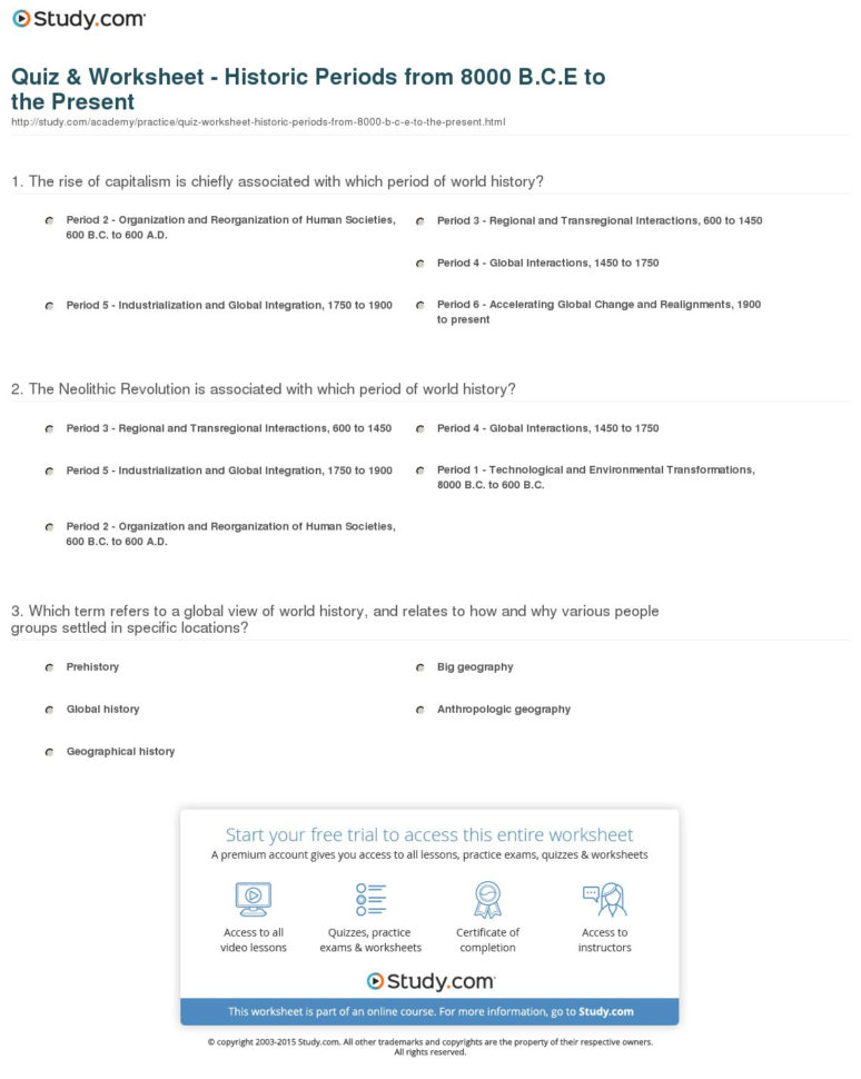 Quiz  Worksheet  Historic Periods From 8000 Bce To The
