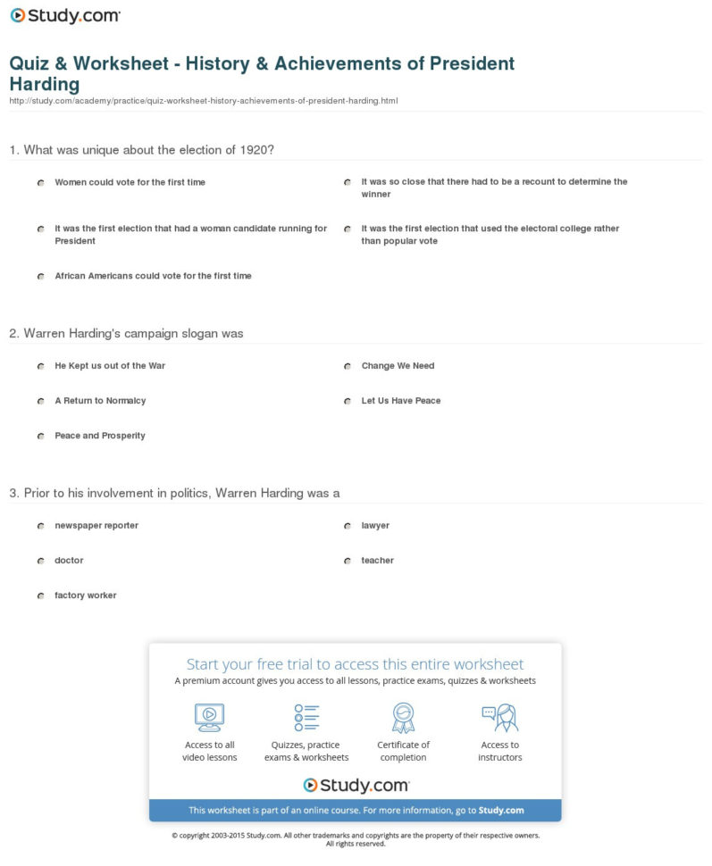 Quiz  Worksheet  History  Achievements Of President