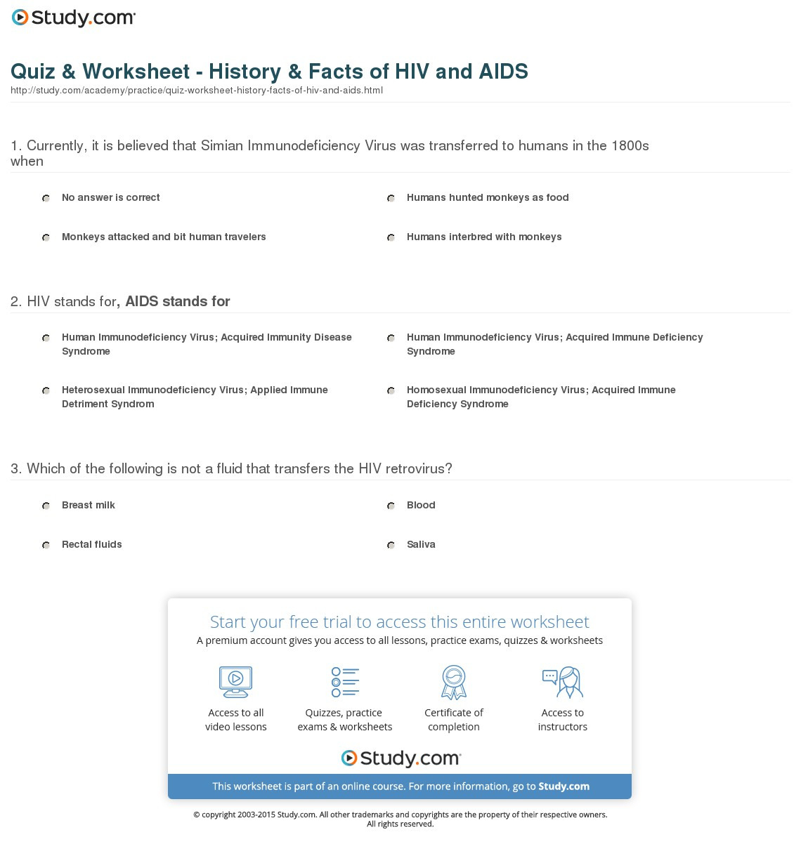 Quiz  Worksheet  History  Facts Of Hiv And Aids  Study
