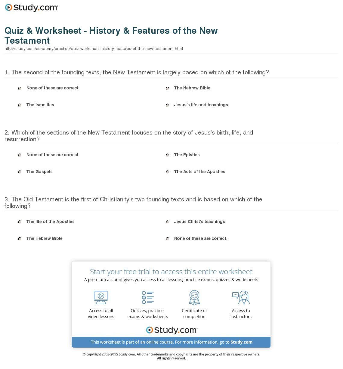Quiz  Worksheet  History  Features Of The New Testament  Study