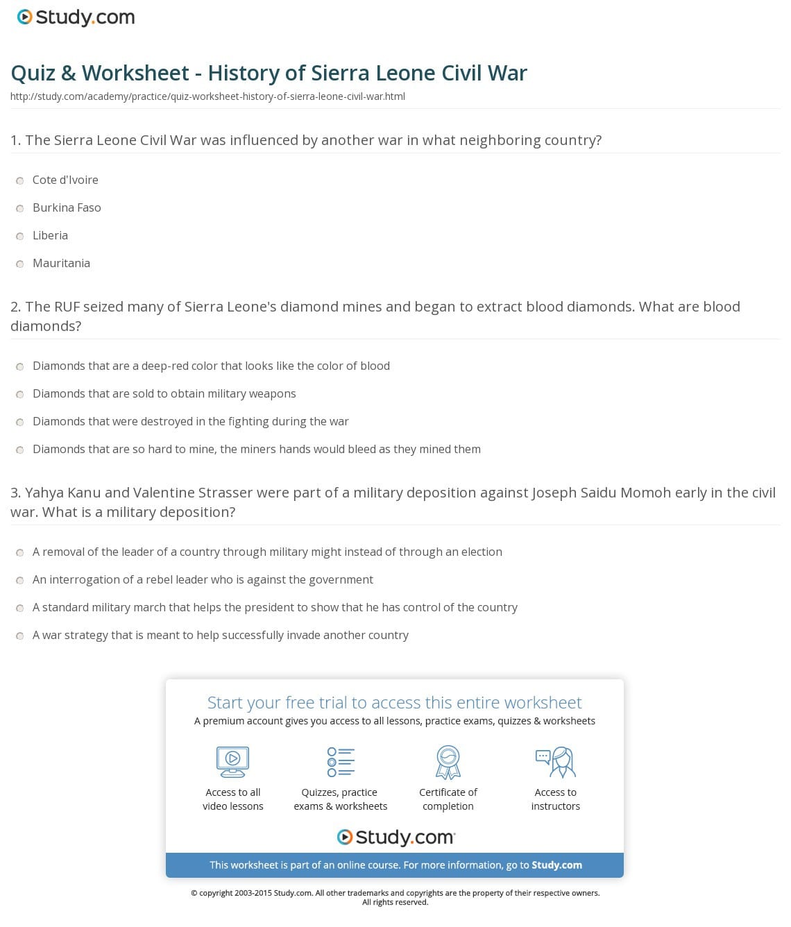 Quiz  Worksheet  History Of Sierra Leone Civil R  Study