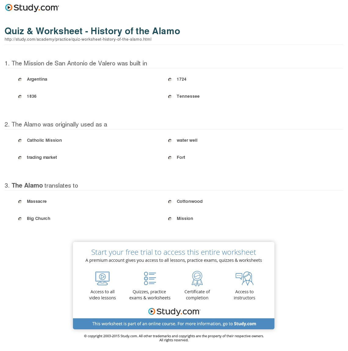 Quiz  Worksheet  History Of The Alamo  Study