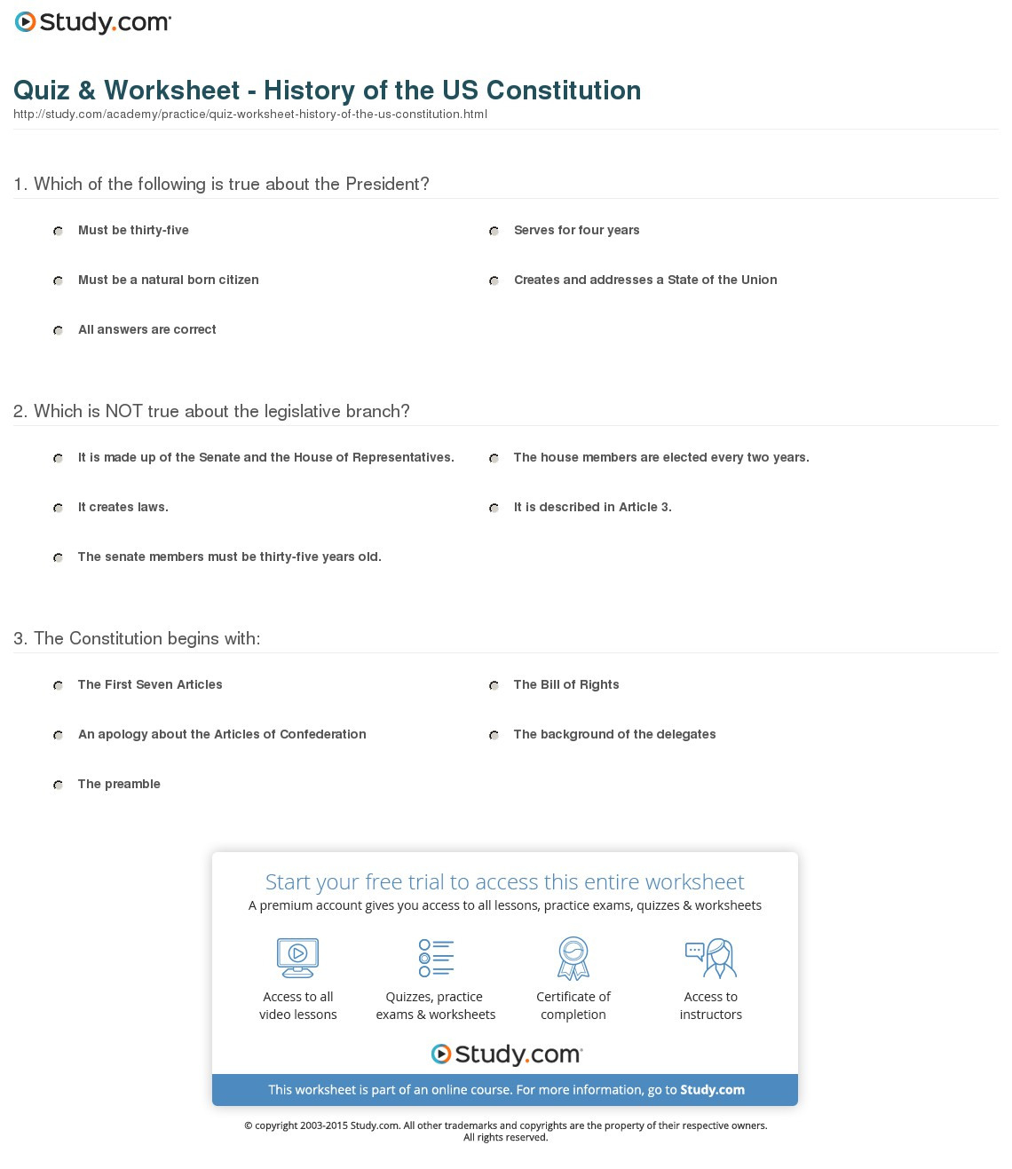 Quiz  Worksheet  History Of The Us Constitution  Study