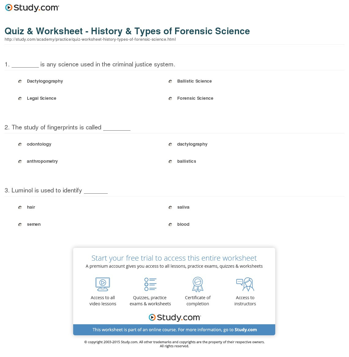 Quiz  Worksheet  History  Types Of Forensic Science